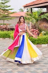 Navratri Wear White Color Cotton Gamthi Work Lehenga
