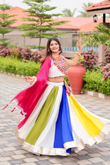 Navratri Wear White Color Cotton Gamthi Work Lehenga