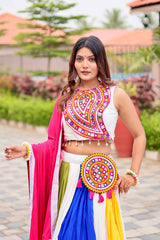 Navratri Wear White Color Cotton Gamthi Work Lehenga