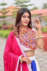 Navratri Wear White Color Cotton Gamthi Work Lehenga
