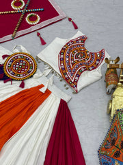 Navratri Wear White Color Cotton Gamthi Work Lehenga
