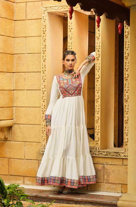Ravishing White Color Rayon with Gamthi Work Gown