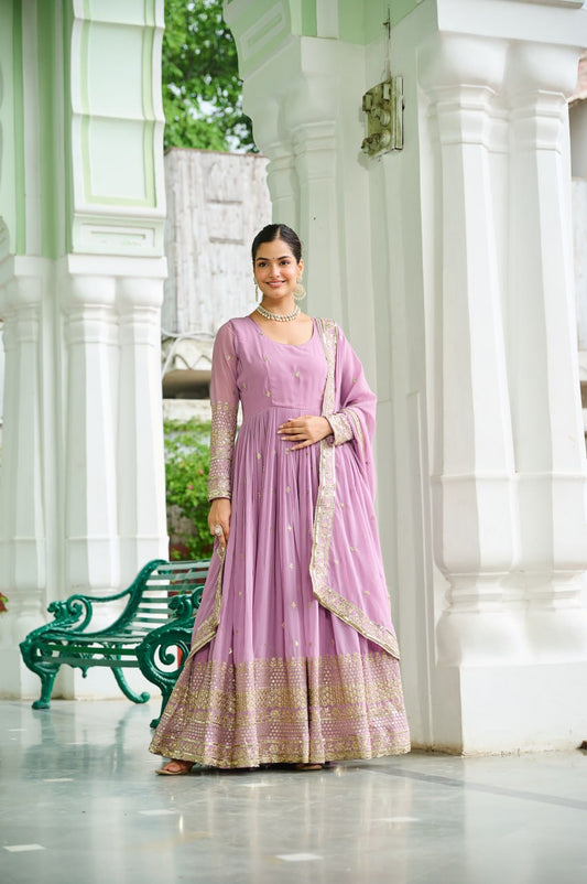Glorious Lavender Georgette Embroidery Gown