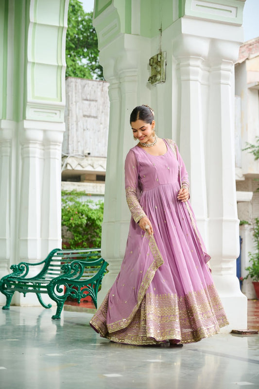 Glorious Lavender Georgette Embroidery Gown