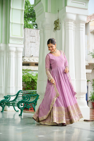 Glorious Lavender Georgette Embroidery Gown
