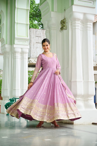 Glorious Lavender Georgette Embroidery Gown
