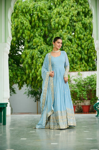 Glorious Lavender Georgette Embroidery Gown