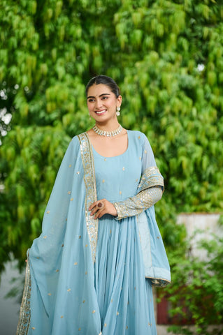 Glorious Lavender Georgette Embroidery Gown