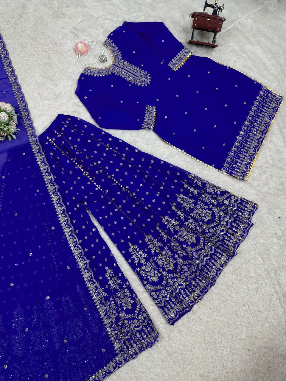 Attractive Blue Georgette Thread Work Sharara Suit