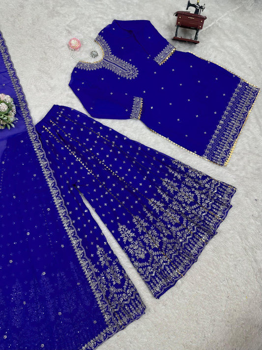 Attractive Blue Georgette Thread Work Sharara Suit