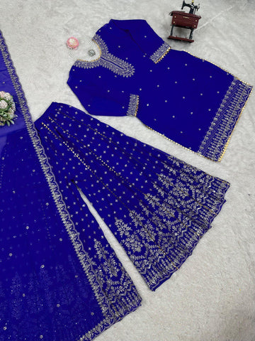 Attractive Blue Georgette Thread Work Sharara Suit
