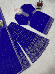 Attractive Blue Georgette Thread Work Sharara Suit