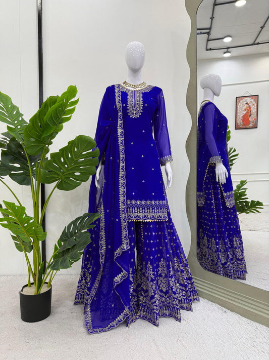 Attractive Blue Georgette Thread Work Sharara Suit
