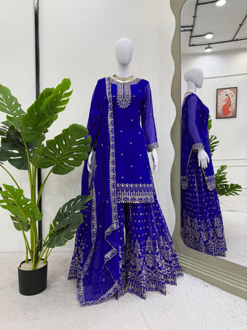 Attractive Blue Georgette Thread Work Sharara Suit