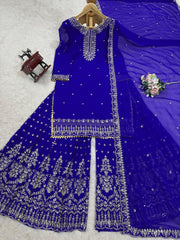 Attractive Blue Georgette Thread Work Sharara Suit