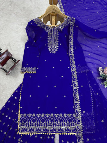 Attractive Blue Georgette Thread Work Sharara Suit