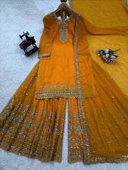 Attractive Blue Georgette Thread Work Sharara Suit