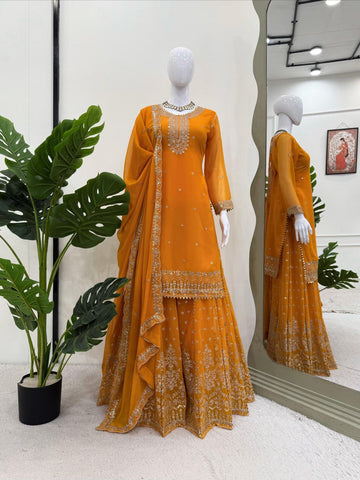 Attractive Blue Georgette Thread Work Sharara Suit