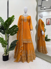 Attractive Blue Georgette Thread Work Sharara Suit