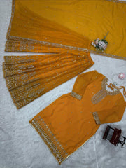 Attractive Blue Georgette Thread Work Sharara Suit