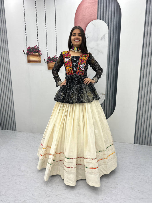 Navratri Wear Black Bandhej Print Gamthi Work Lehenga Choli