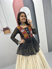 Navratri Wear Black Bandhej Print Gamthi Work Lehenga Choli