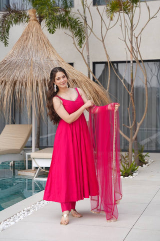 Ravishing Maroon Romansilk Anarkali Work Gown