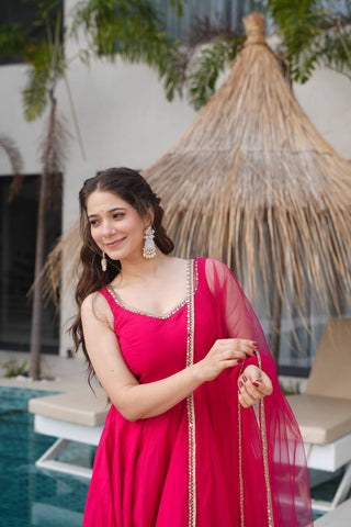 Ravishing Maroon Romansilk Anarkali Work Gown