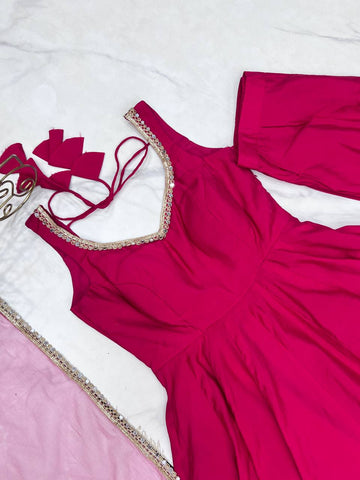 Ravishing Maroon Romansilk Anarkali Work Gown