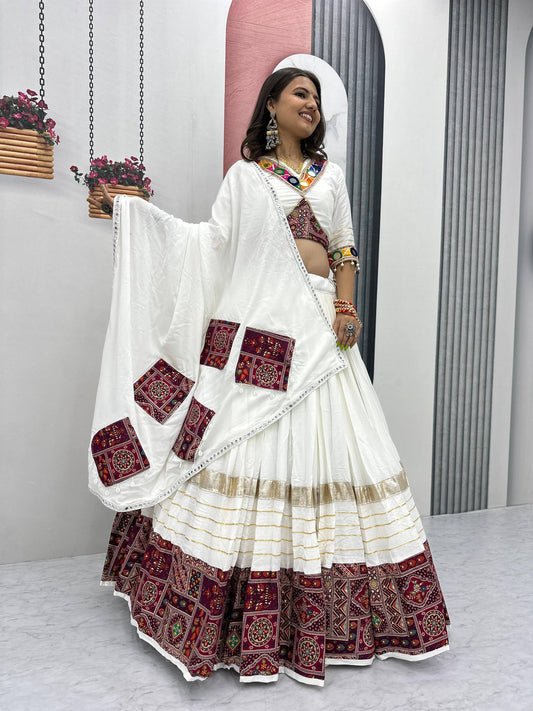 Navratri White Cotton Real Hand Work Lehenga Choli