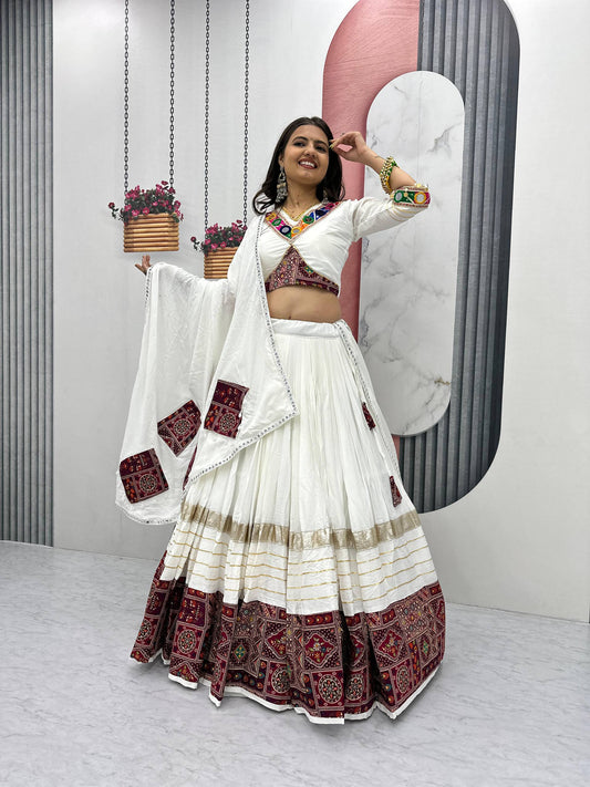 Navratri White Cotton Real Hand Work Lehenga Choli