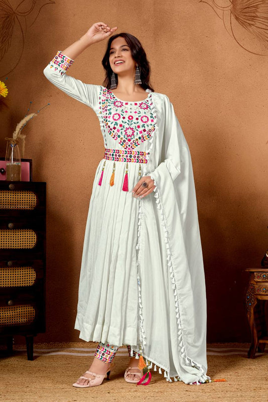 Lovely White Silk Embroidery Work Anarkali Suit
