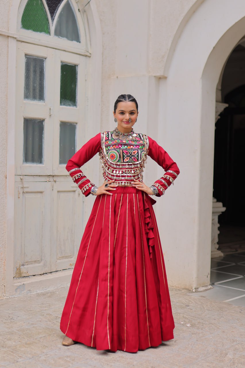 Maroon Roman Kutchi Gamthi Embroidered Lehenga Choli For Navratri