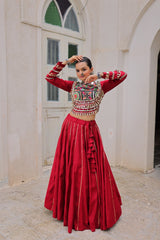 Maroon Roman Kutchi Gamthi Embroidered Lehenga Choli For Navratri