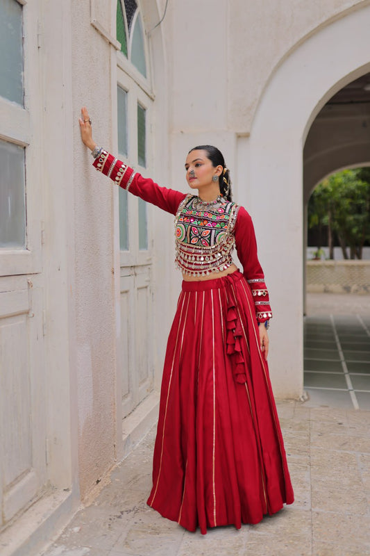 Maroon Roman Kutchi Gamthi Embroidered Lehenga Choli For Navratri