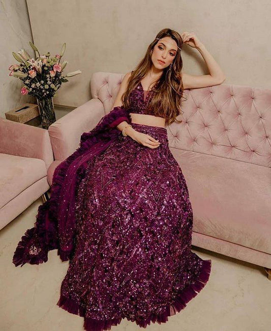 Designer Wine Velvet with Sequence Work Lehenga Choli