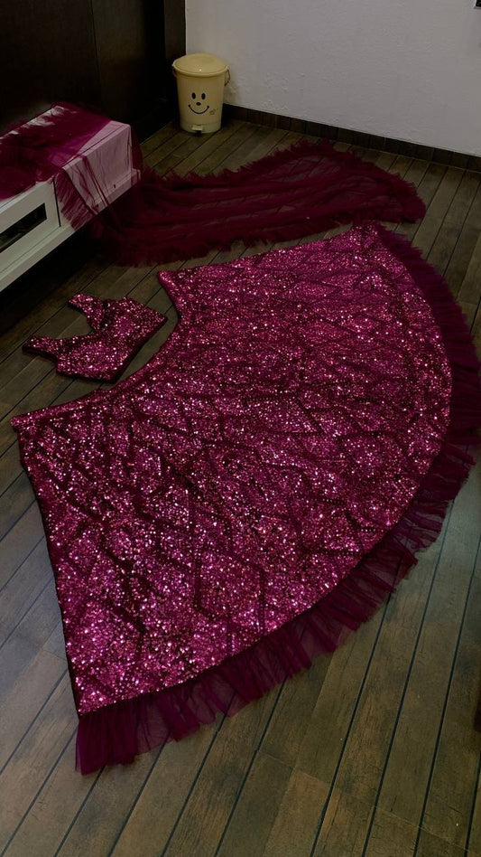 Designer Wine Velvet with Sequence Work Lehenga Choli