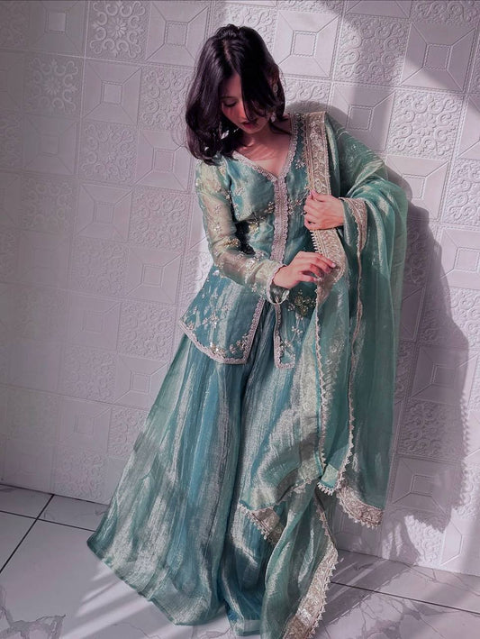 Ravishing Green Silk With Sequins Work Sharara Suit