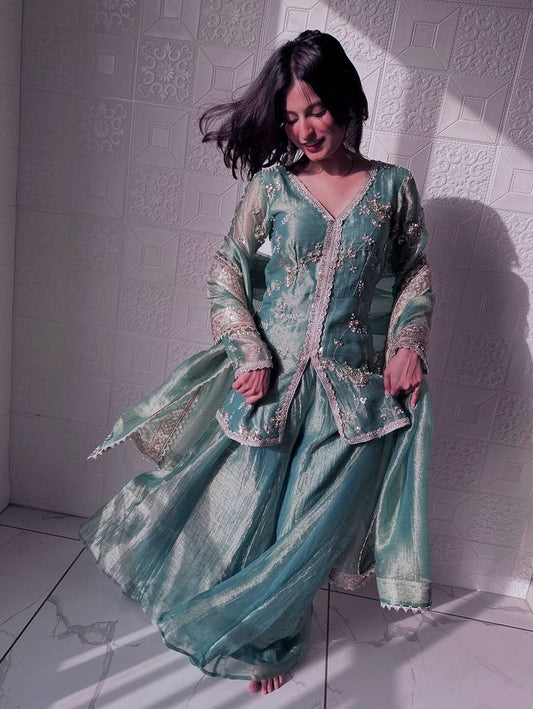 Ravishing Green Silk With Sequins Work Sharara Suit