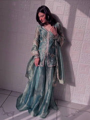 Ravishing Green Silk With Sequins Work Sharara Suit
