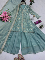 Ravishing Green Silk With Sequins Work Sharara Suit