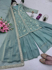 Ravishing Green Silk With Sequins Work Sharara Suit