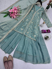 Ravishing Green Silk With Sequins Work Sharara Suit