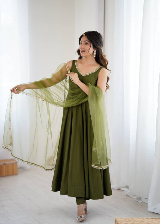 Lovely Mehndi Color Fully Faired Anarkali Suit