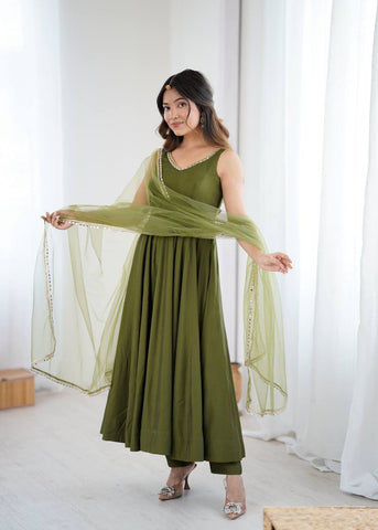 Lovely Mehndi Color Fully Faired Anarkali Suit