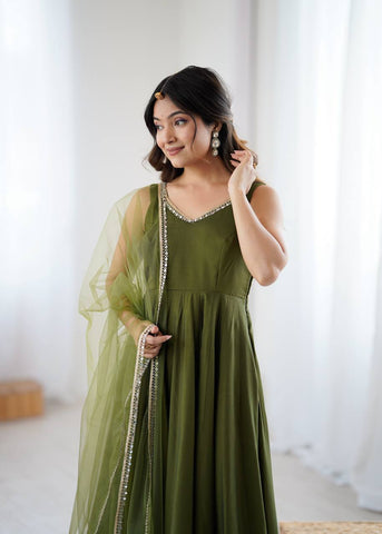 Lovely Mehndi Color Fully Faired Anarkali Suit