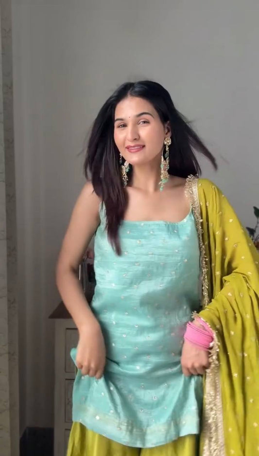Classy Green Color Sequence Work Sharara Suit