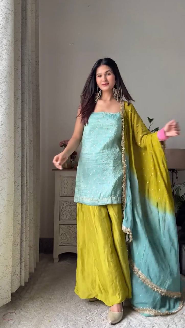 Classy Green Color Sequence Work Sharara Suit