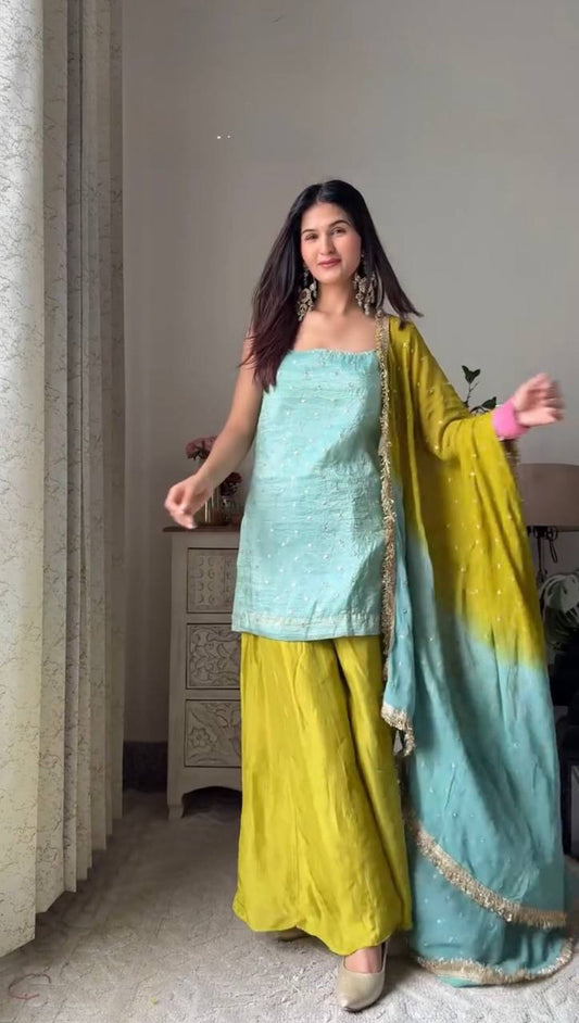 Classy Green Color Sequence Work Sharara Suit