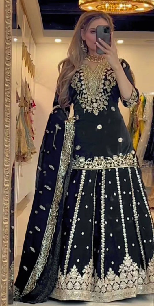 Pretty Black Color Heavy Embroidery Work Top With Lehenga